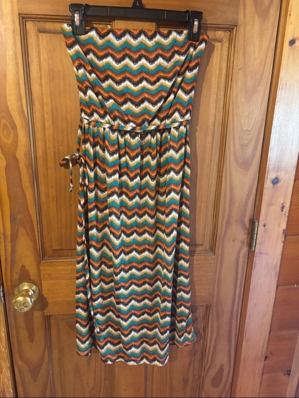 Maurices Strapless Chevron Maxi Dress in Brown, Teal & Cream